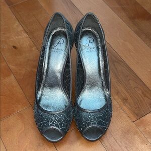 Adrianna Papell Metallic Gray Rhinestone Peep Toe Heels